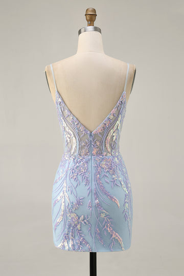 Blue Appliqued Homecoming Dress with Sequins